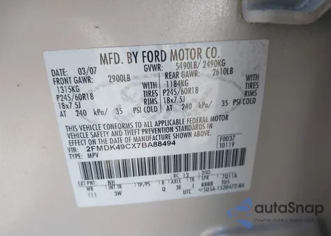 2007 Ford Edge Sel Plus из США, поврежденный, VIN 2FMDK49CX7BA88494